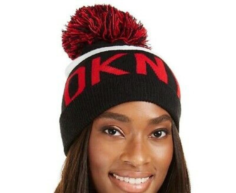 DKNY Women's Logo Stadium Beanie With PomPom Red/black hat Warmer
